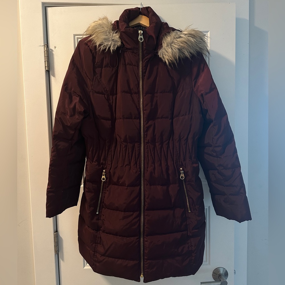 Laundry By Shelli Segal Maroon Puffer Jacket with Faux Fur Hood